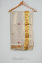 Ivory Tissue Cotton Saree with Red & Gold Floral Embroidery