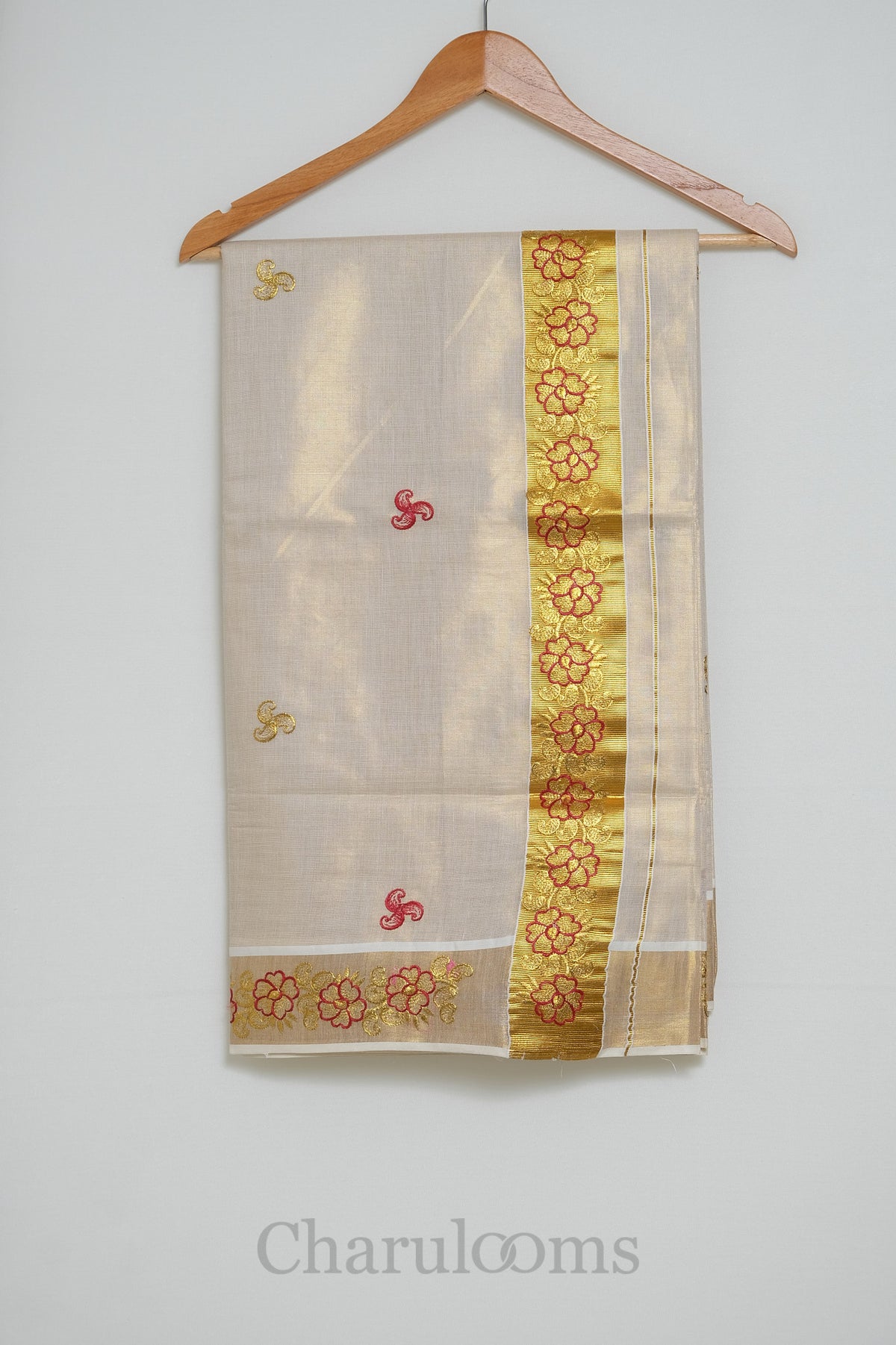Ivory Tissue Cotton Saree with Red & Gold Floral Embroidery