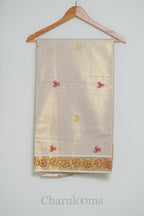 Ivory Tissue Cotton Saree with Red & Gold Floral Embroidery