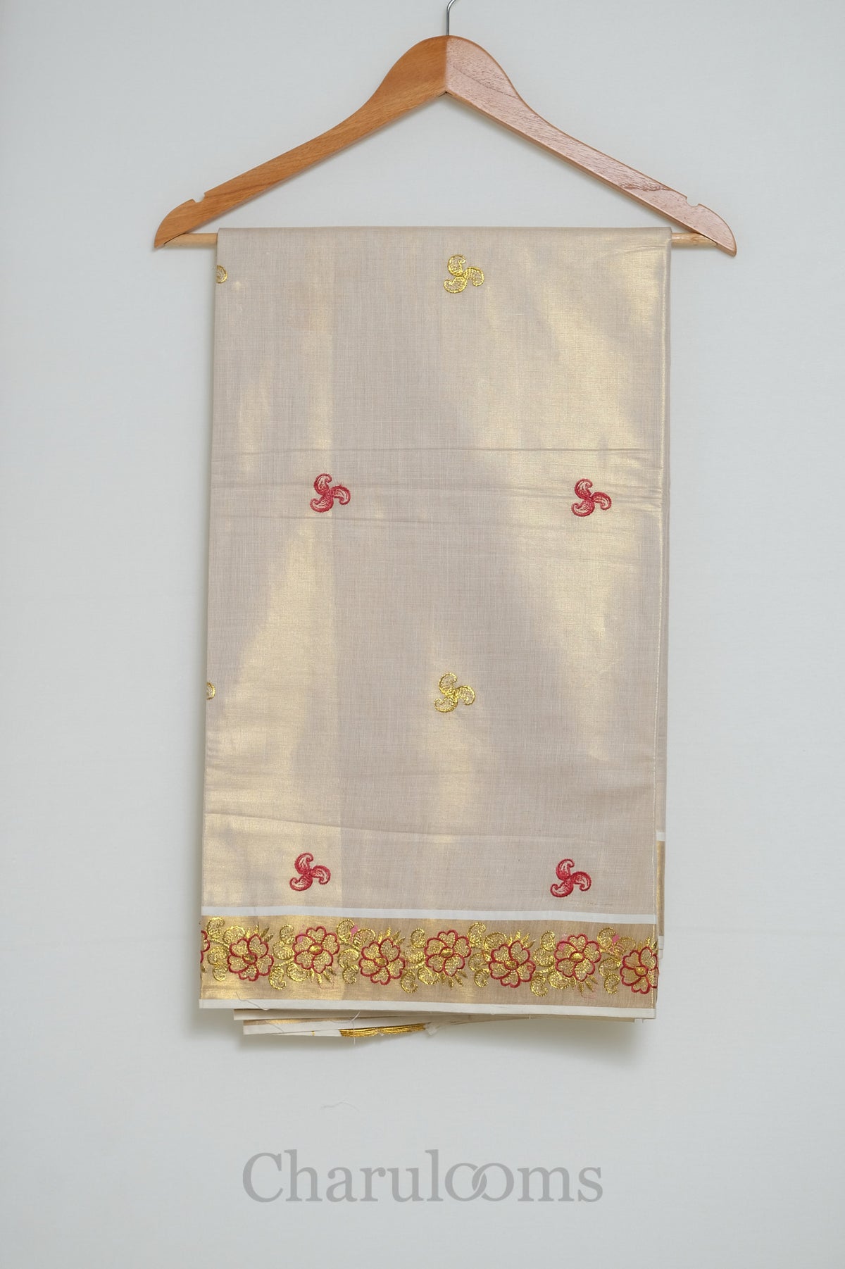 Ivory Tissue Cotton Saree with Red & Gold Floral Embroidery
