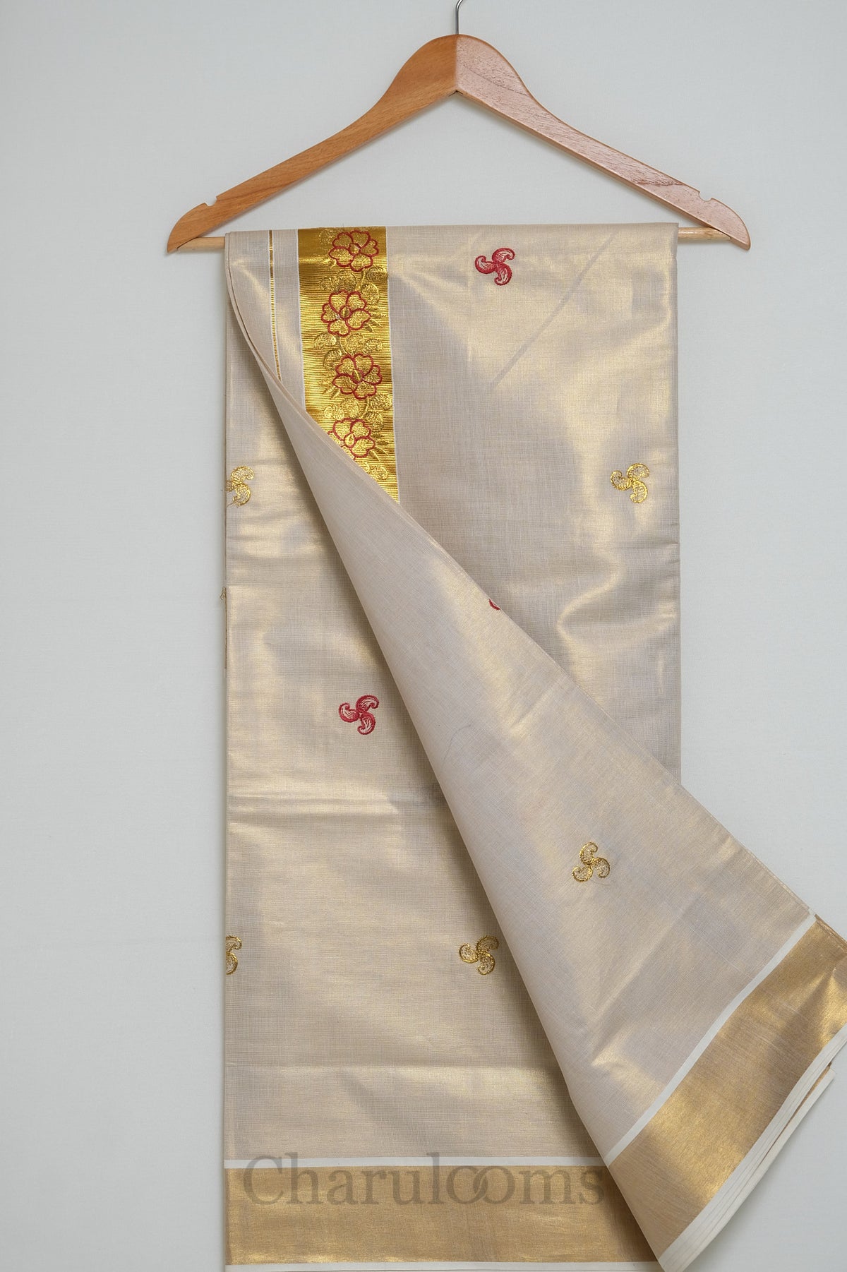 Ivory Tissue Cotton Saree with Red & Gold Floral Embroidery