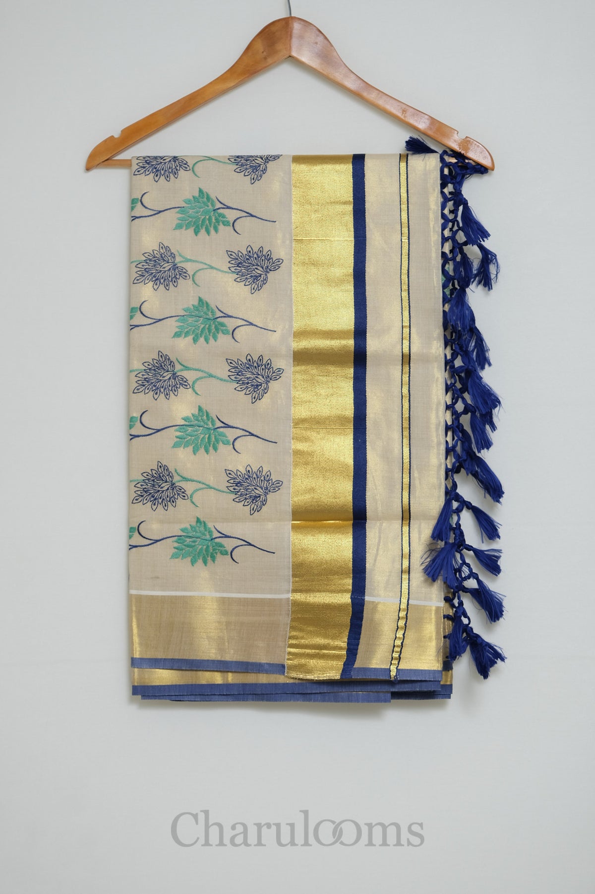 Ivory Tissue Cotton Saree with Blue & Teal Floral Motifs
