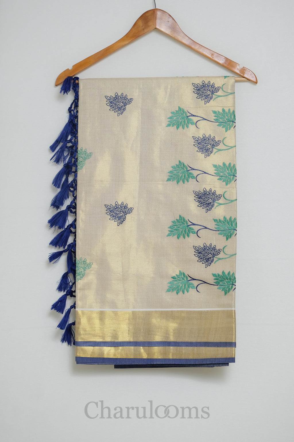 Ivory Tissue Cotton Saree with Blue & Teal Floral Motifs