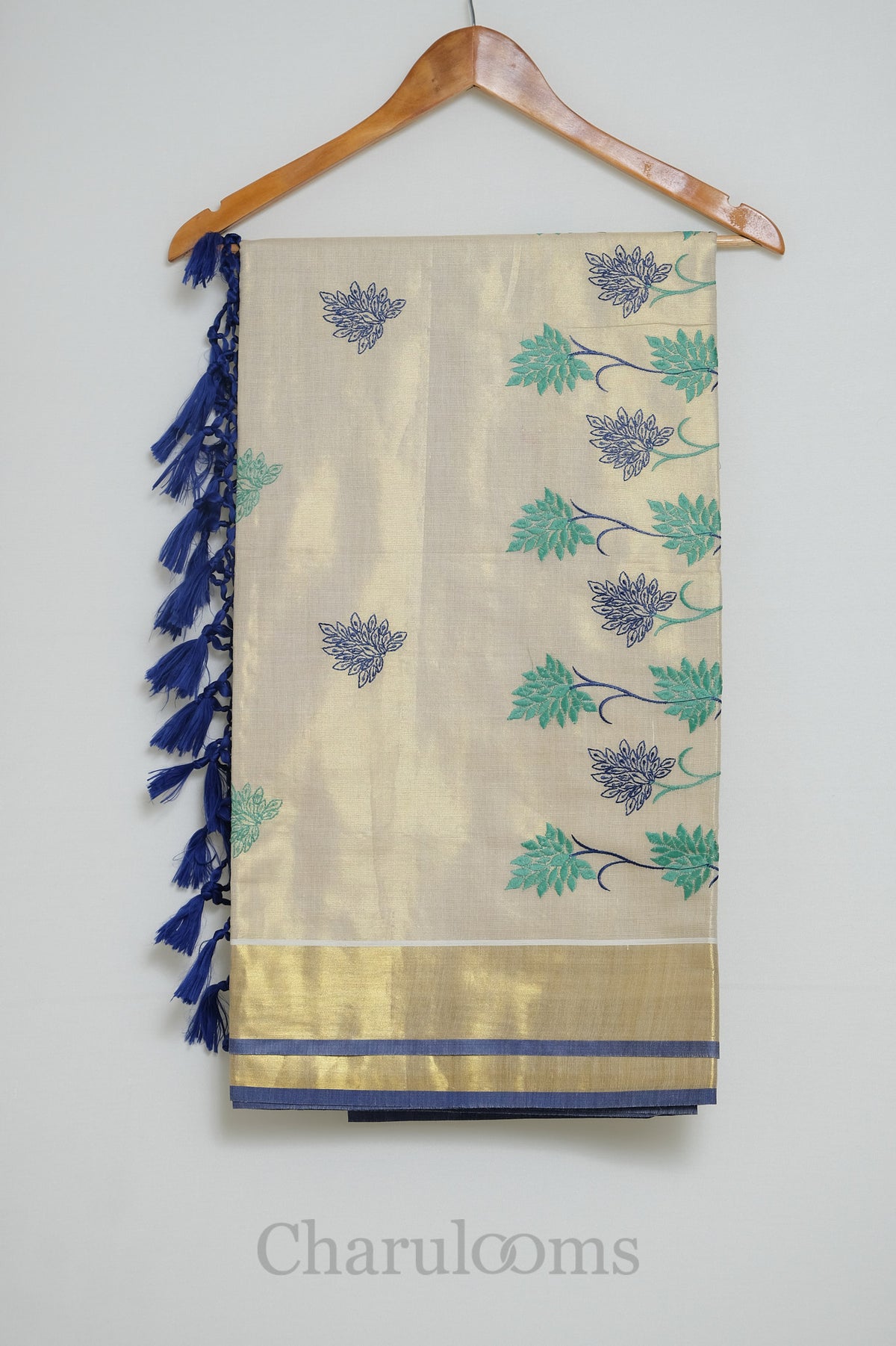 Ivory Tissue Cotton Saree with Blue & Teal Floral Motifs