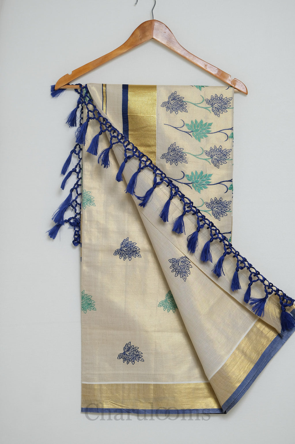 Ivory Tissue Cotton Saree with Blue & Teal Floral Motifs