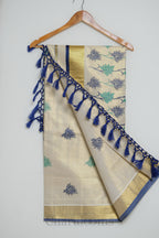 Ivory Tissue Cotton Saree with Blue & Teal Floral Motifs