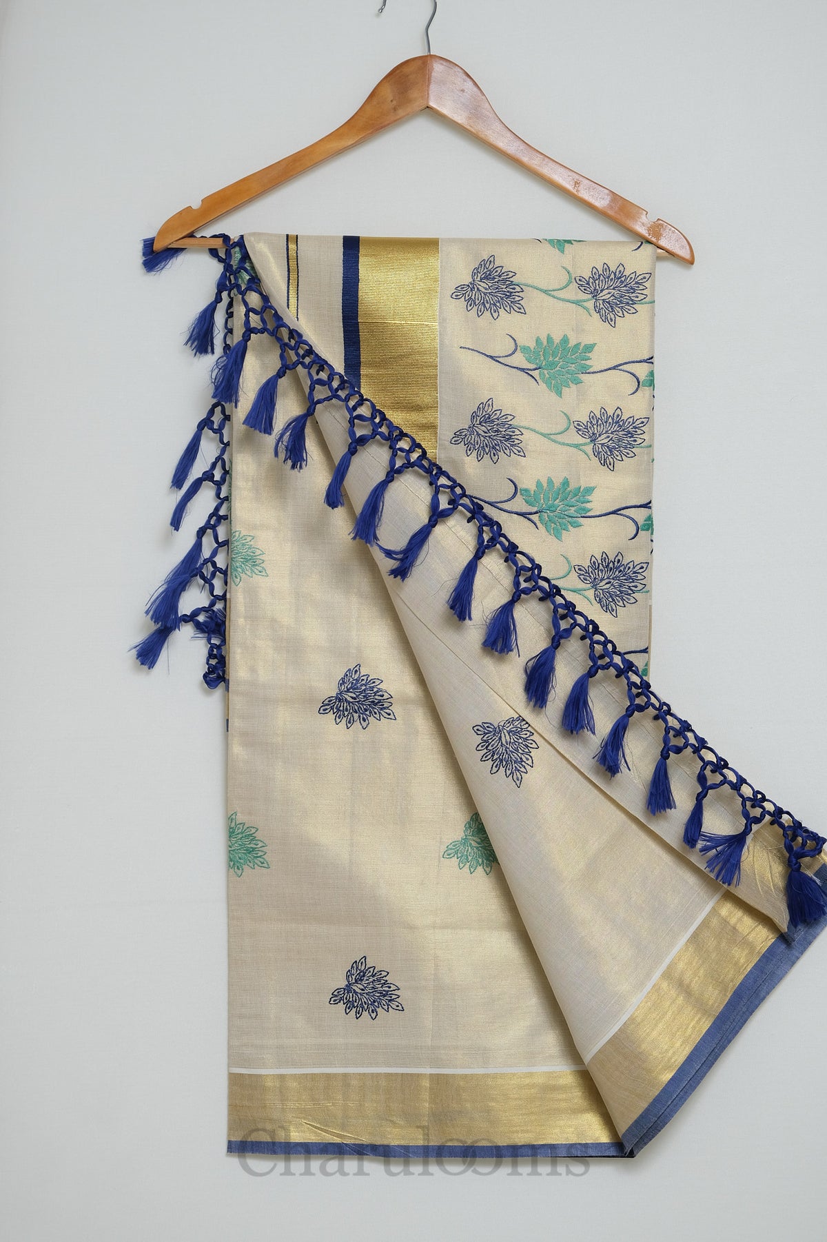 Ivory Tissue Cotton Saree with Blue & Teal Floral Motifs