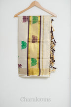 Ivory Tissue Cotton Saree with Orange & Brown Lotus Print