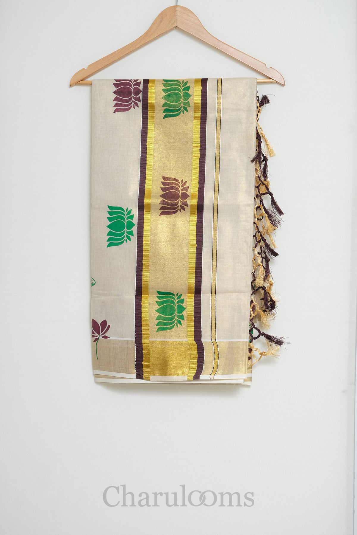 Ivory Tissue Cotton Saree with Orange & Brown Lotus Print
