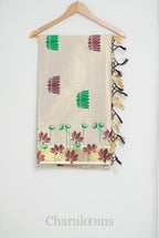Ivory Tissue Cotton Saree with Orange & Brown Lotus Print