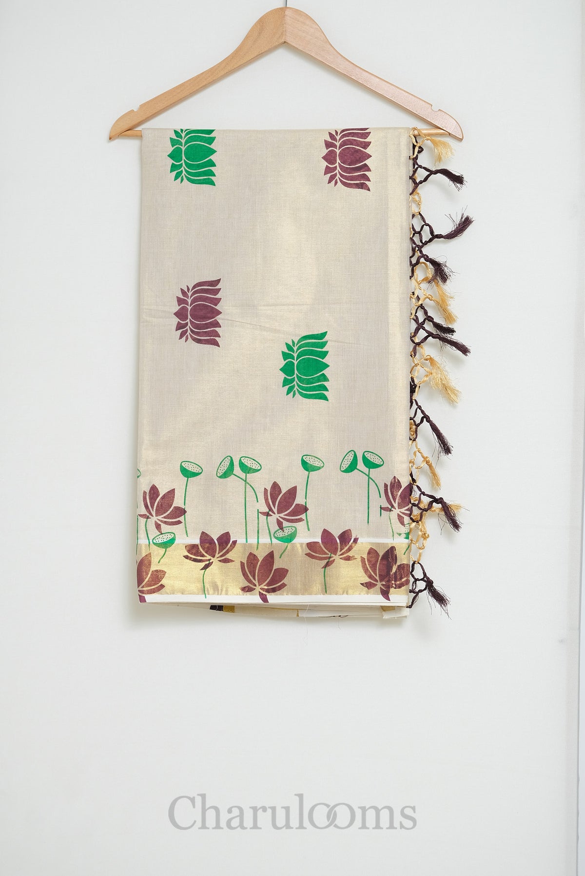 Ivory Tissue Cotton Saree with Orange & Brown Lotus Print