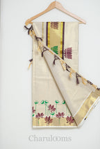 Ivory Tissue Cotton Saree with Orange & Brown Lotus Print