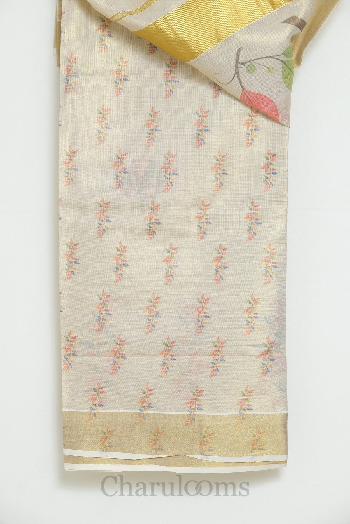 Ivory Tissue Cotton Saree with Multicolour Botanical Print
