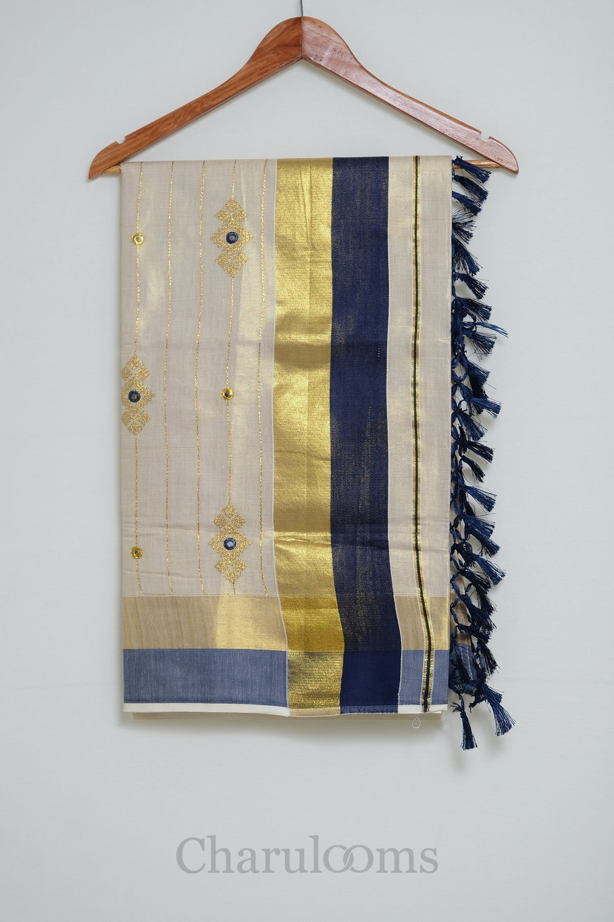 Ivory Tissue Cotton Saree with Navy Blue & Gold Embroidery