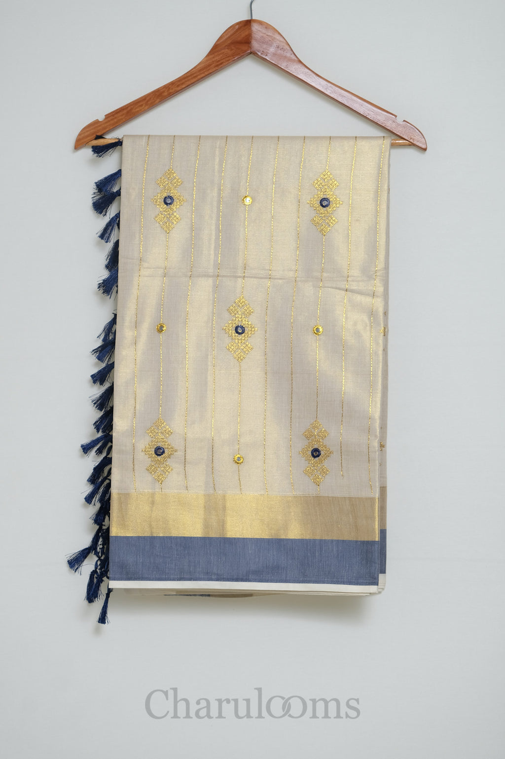 Ivory Tissue Cotton Saree with Navy Blue & Gold Embroidery