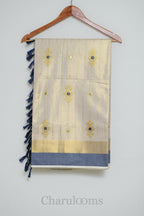 Ivory Tissue Cotton Saree with Navy Blue & Gold Embroidery