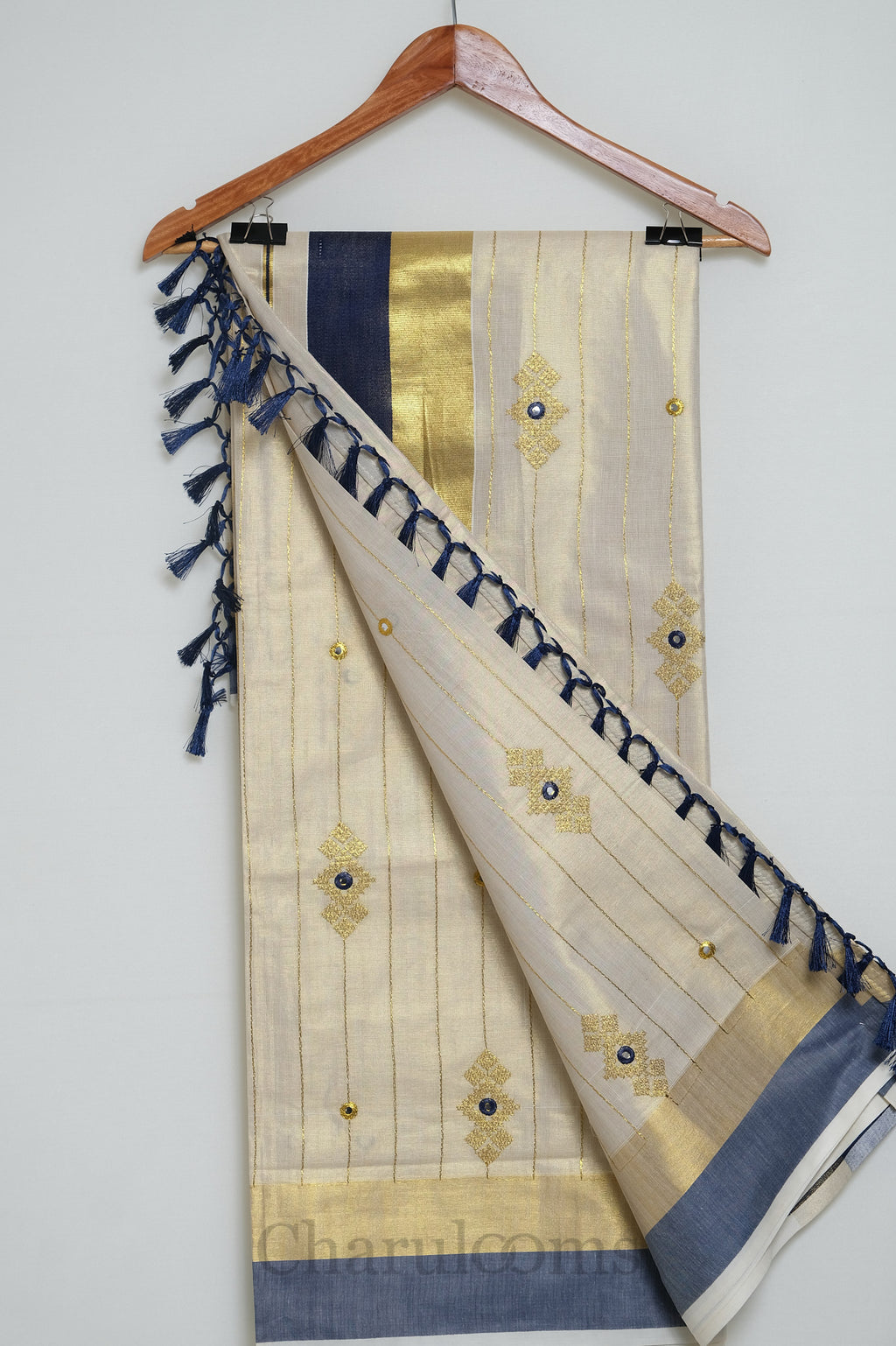 Ivory Tissue Cotton Saree with Navy Blue & Gold Embroidery