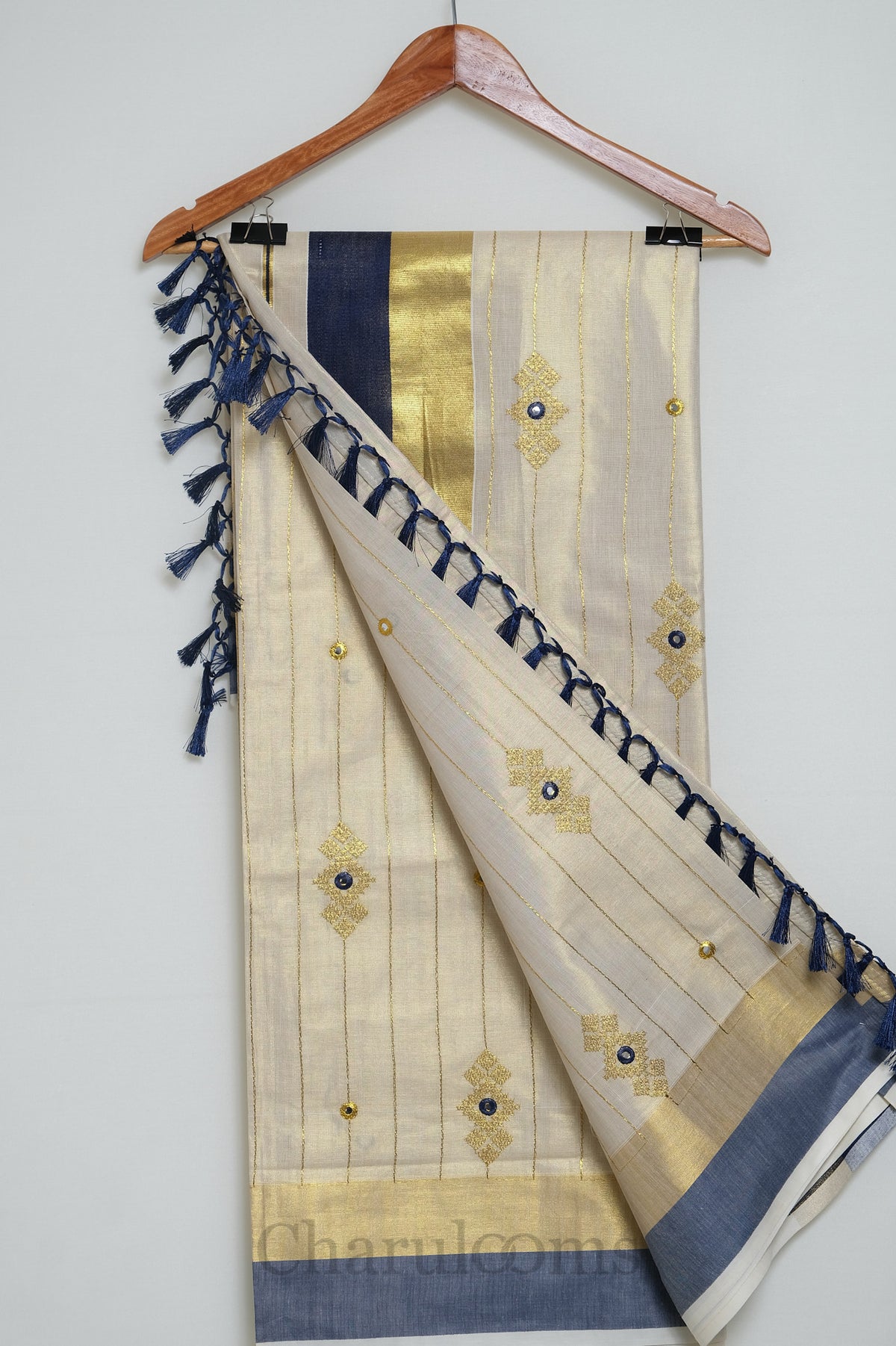 Ivory Tissue Cotton Saree with Navy Blue & Gold Embroidery