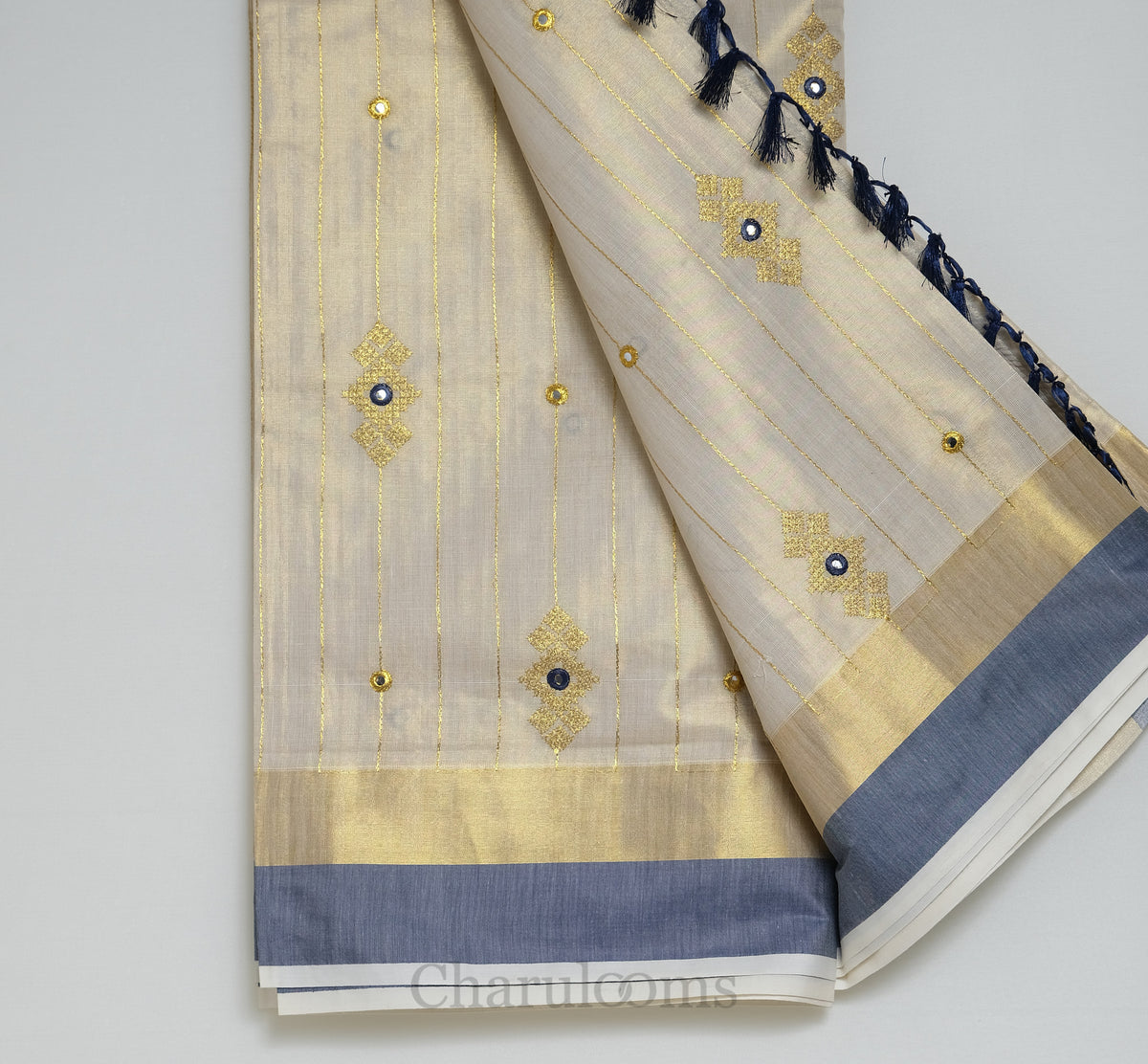 Ivory Tissue Cotton Saree with Navy Blue & Gold Embroidery
