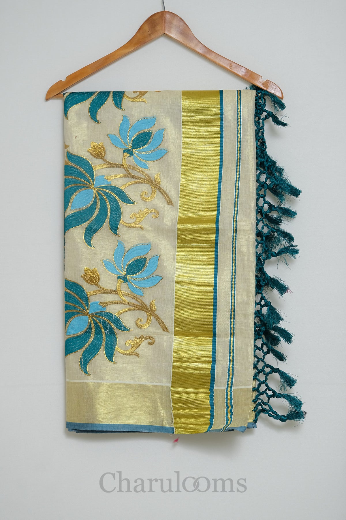 Ivory Tissue Cotton Saree with Teal Blue Floral Embroidery