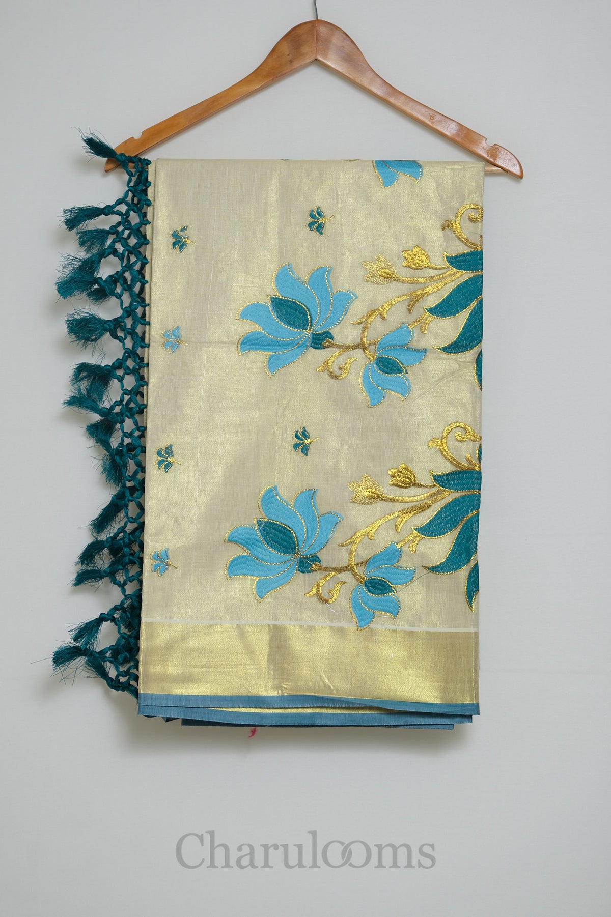 Ivory Tissue Cotton Saree with Teal Blue Floral Embroidery
