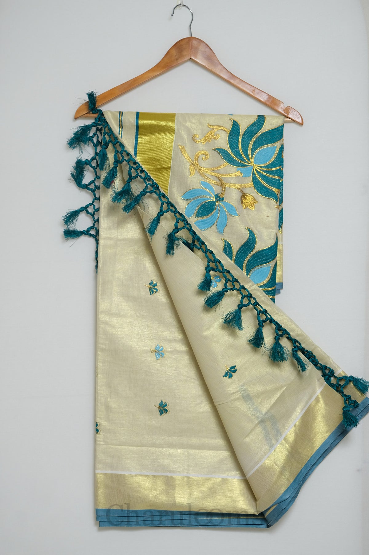 Ivory Tissue Cotton Saree with Teal Blue Floral Embroidery
