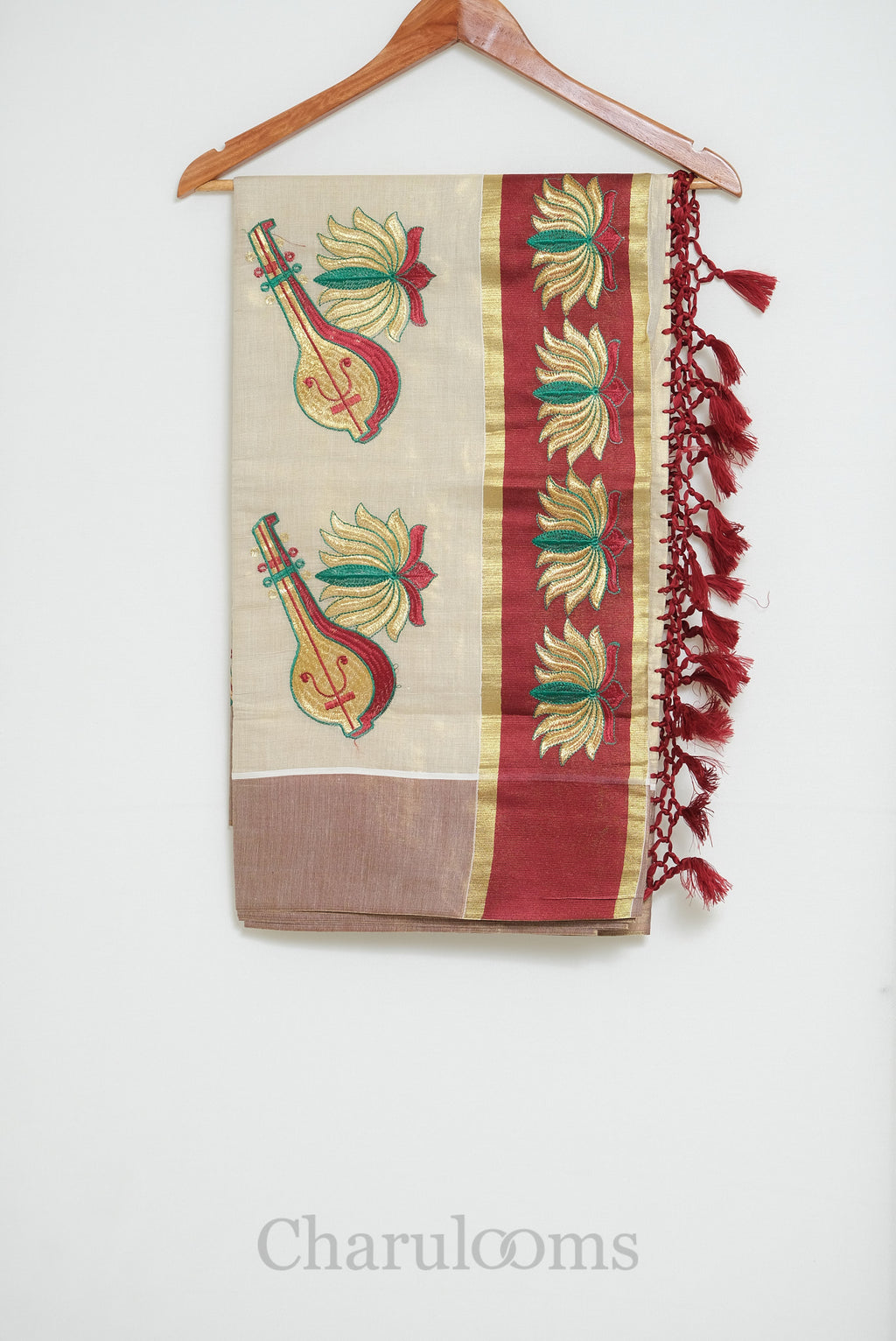 Ivory Tissue Cotton Saree with Veena & Lotus Embroidery