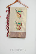 Ivory Tissue Cotton Saree with Veena & Lotus Embroidery