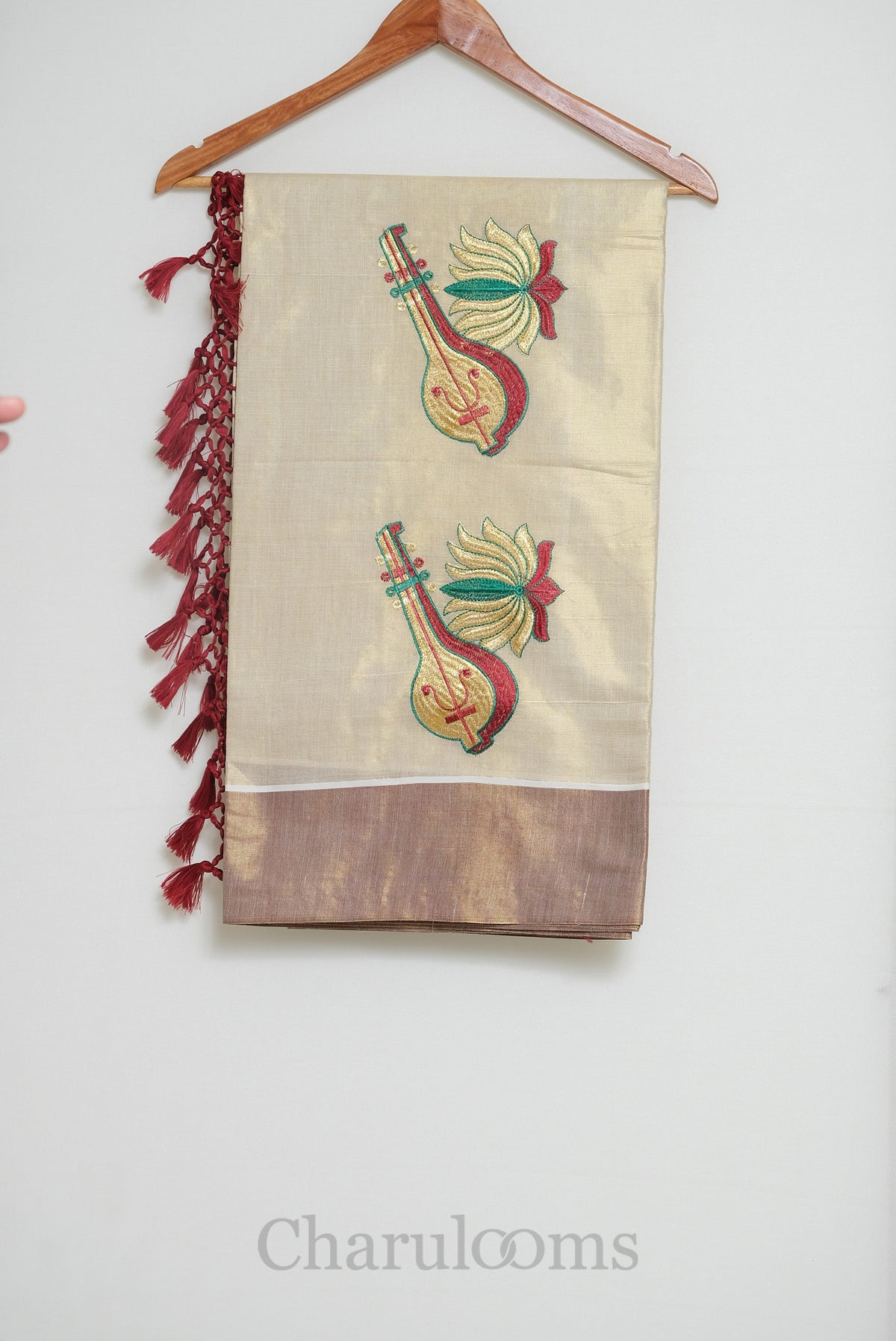 Ivory Tissue Cotton Saree with Veena & Lotus Embroidery