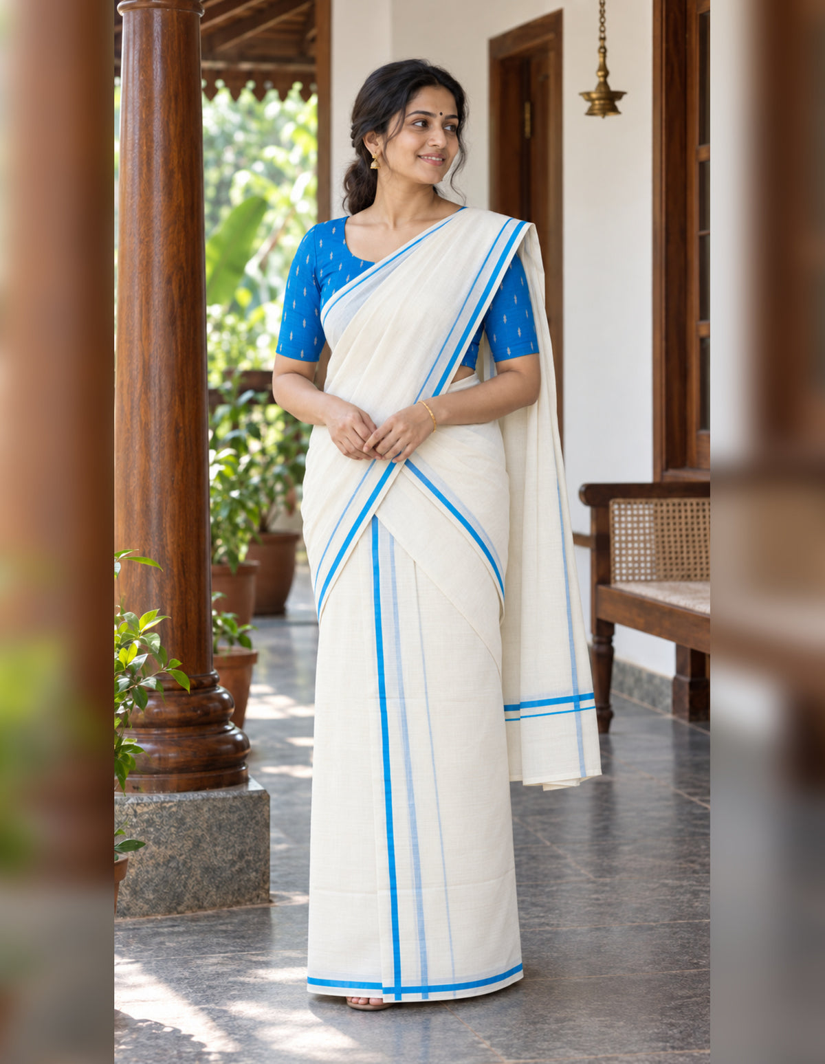 Sky Blue Puliyilakkara Set Mundu with Blouse Piece
