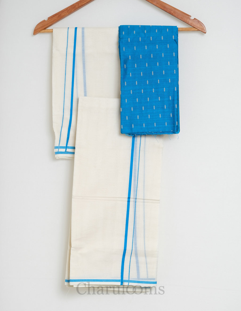 Sky Blue Puliyilakkara Set Mundu with Blouse Piece