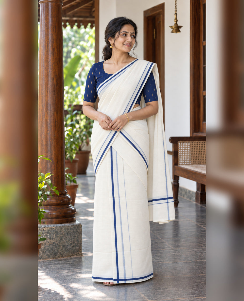 Navy Blue Puliyilakkara Set Mundu with Blouse Piece