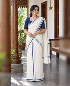Navy Blue Puliyilakkara Set Mundu with Blouse Piece