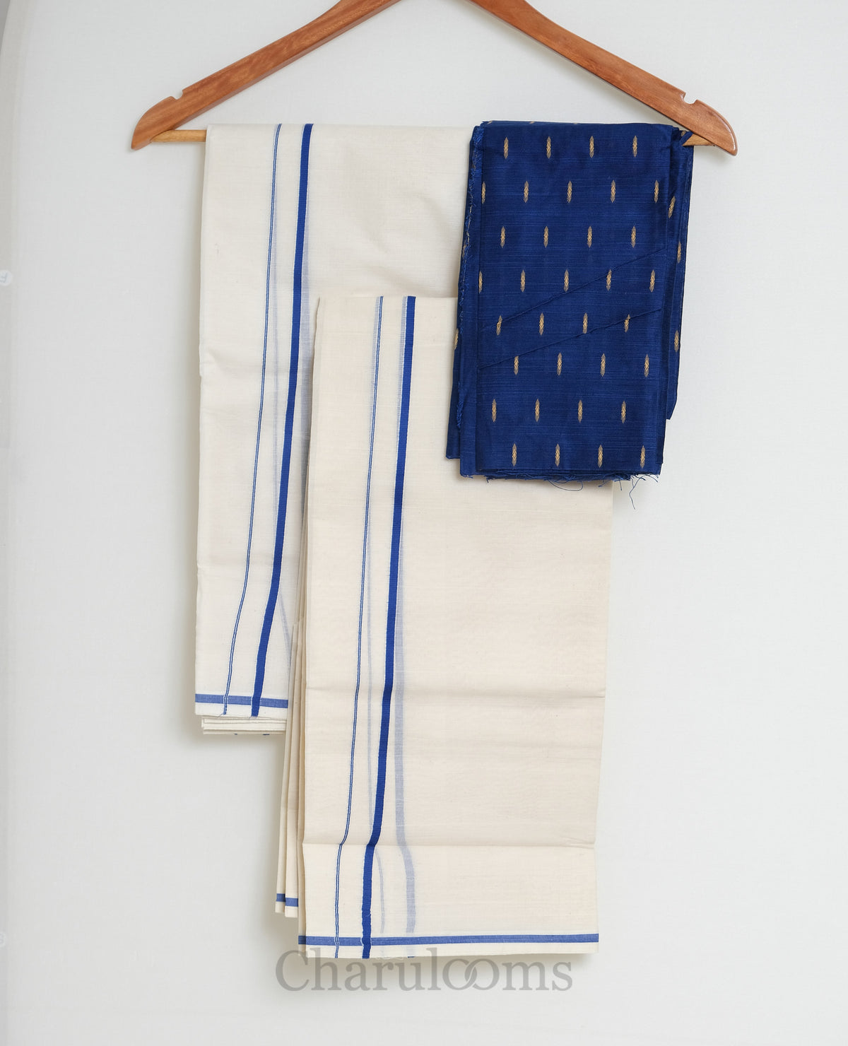 Navy Blue Puliyilakkara Set Mundu with Blouse Piece