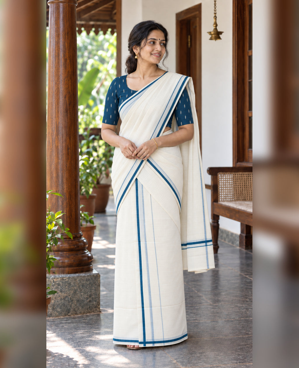 Teal Blue Puliyilakkara Set Mundu with Blouse Piece