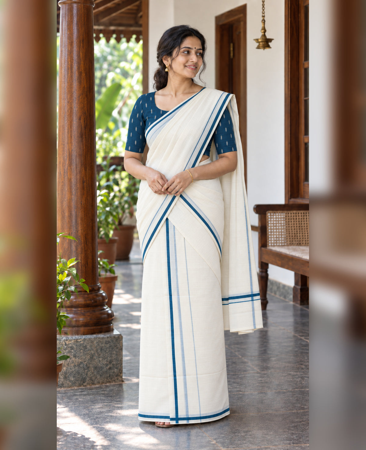 Teal Blue Puliyilakkara Set Mundu with Blouse Piece