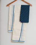 Teal Blue Puliyilakkara Set Mundu with Blouse Piece