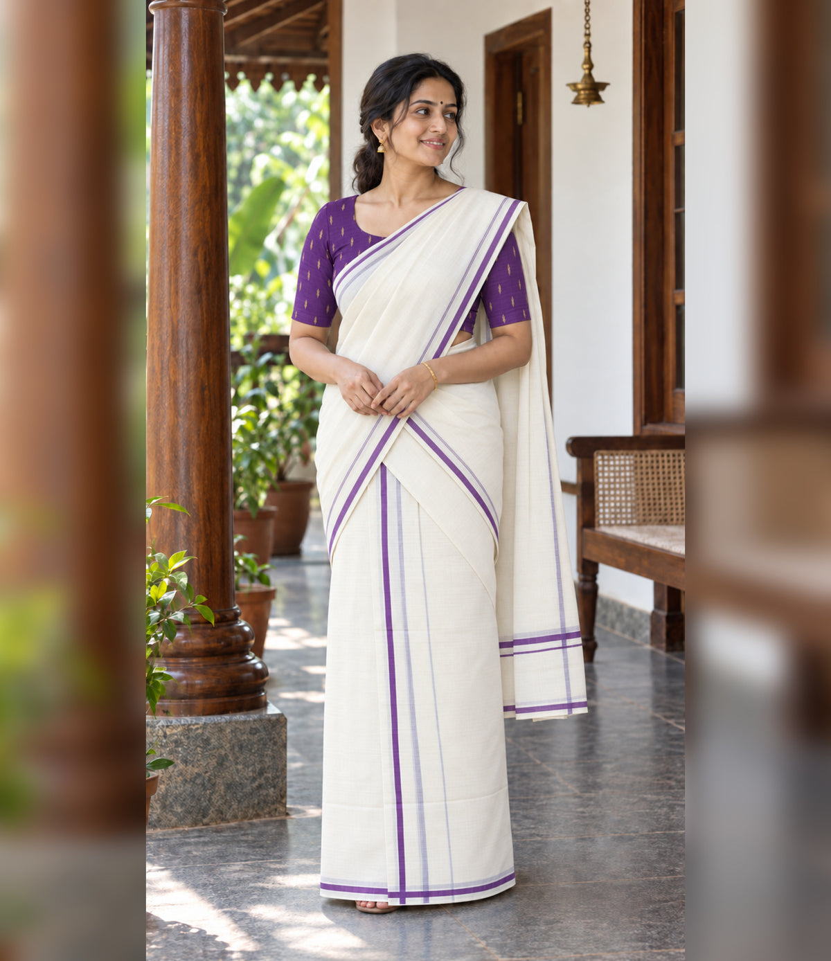 Purple Puliyilakkara Set Mundu with Blouse Piece