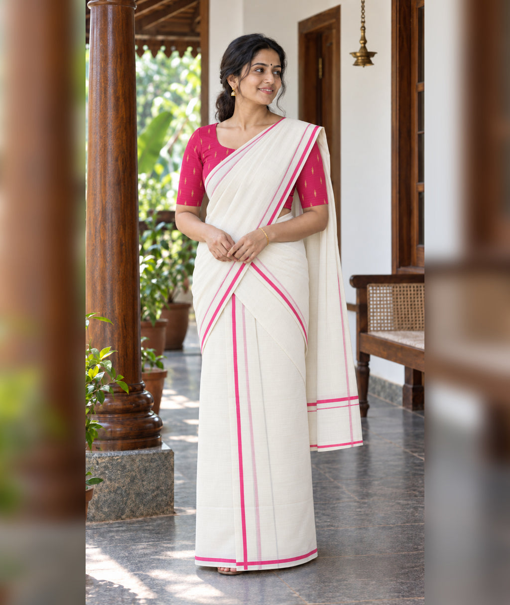 Pink Puliyilakkara Set Mundu with Blouse Piece