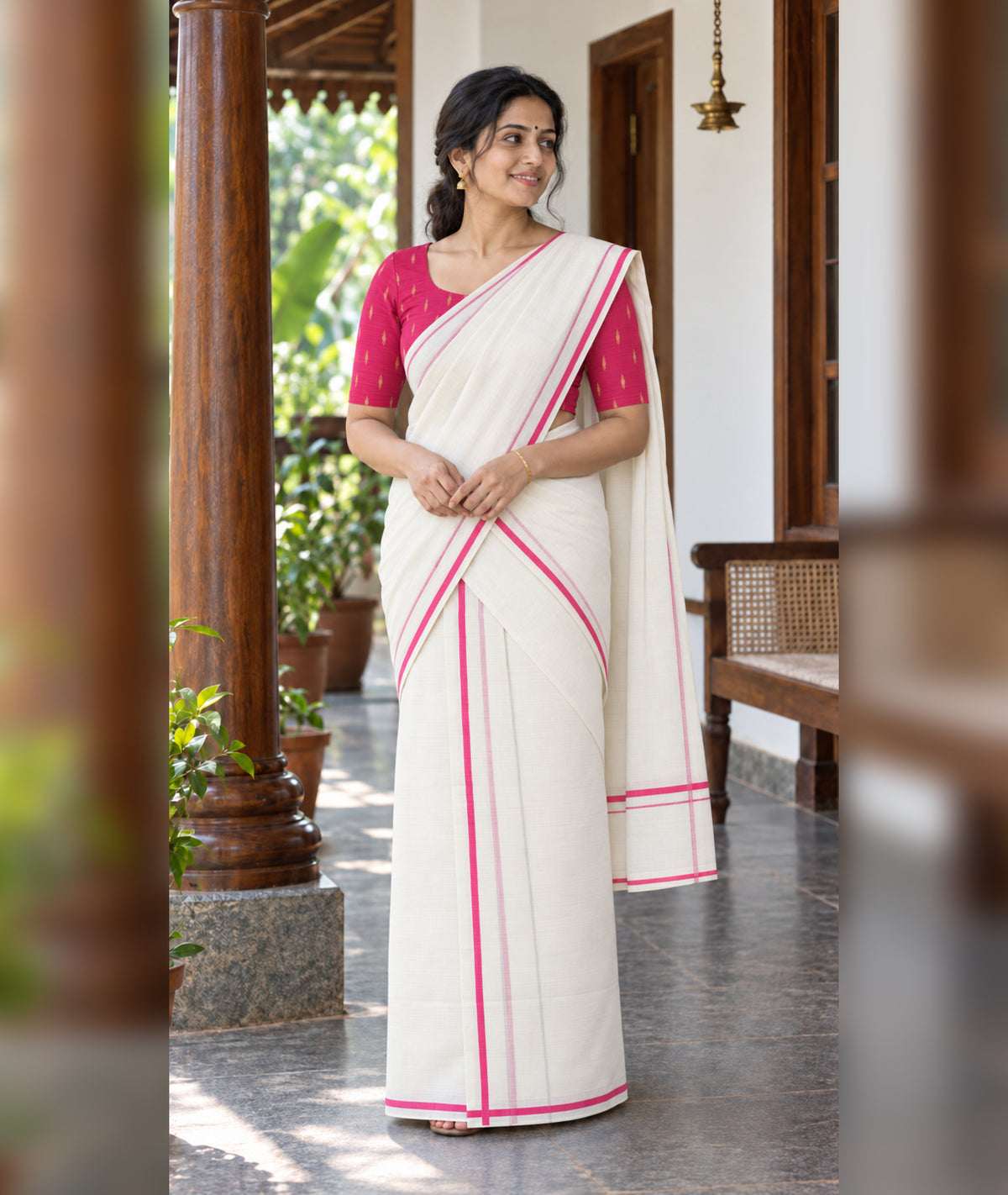 Pink Puliyilakkara Set Mundu with Blouse Piece