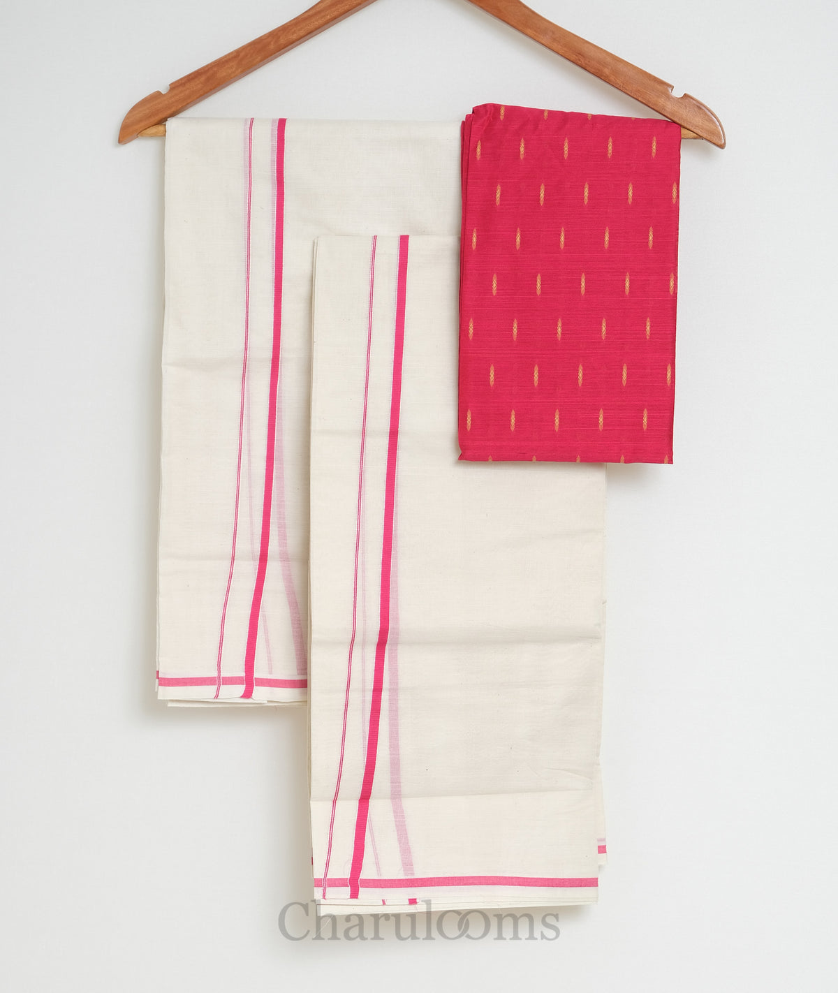 Pink Puliyilakkara Set Mundu with Blouse Piece