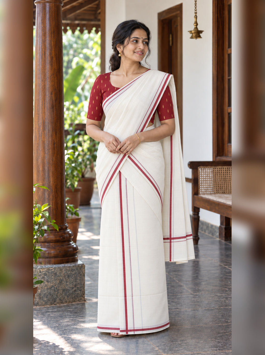Red Puliyilakkara Set Mundu with Blouse Piece