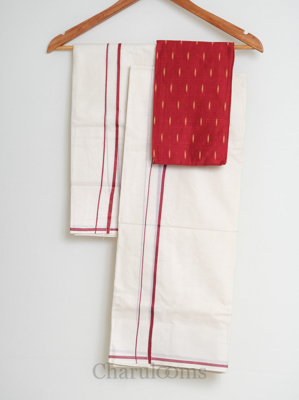 Red Puliyilakkara Set Mundu with Blouse Piece