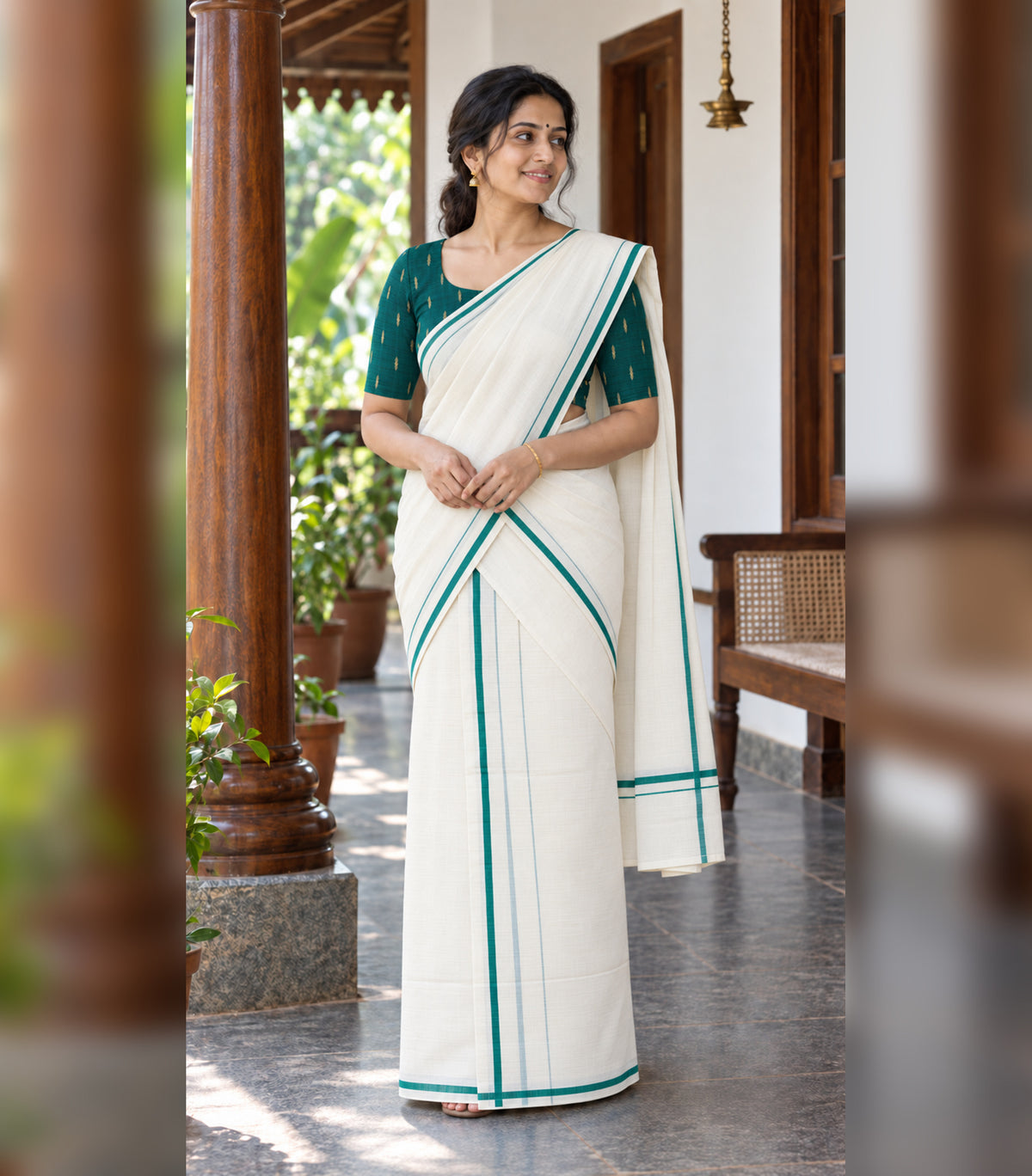 Emerald Green Puliyilakkara Set Mundu with Blouse Piece