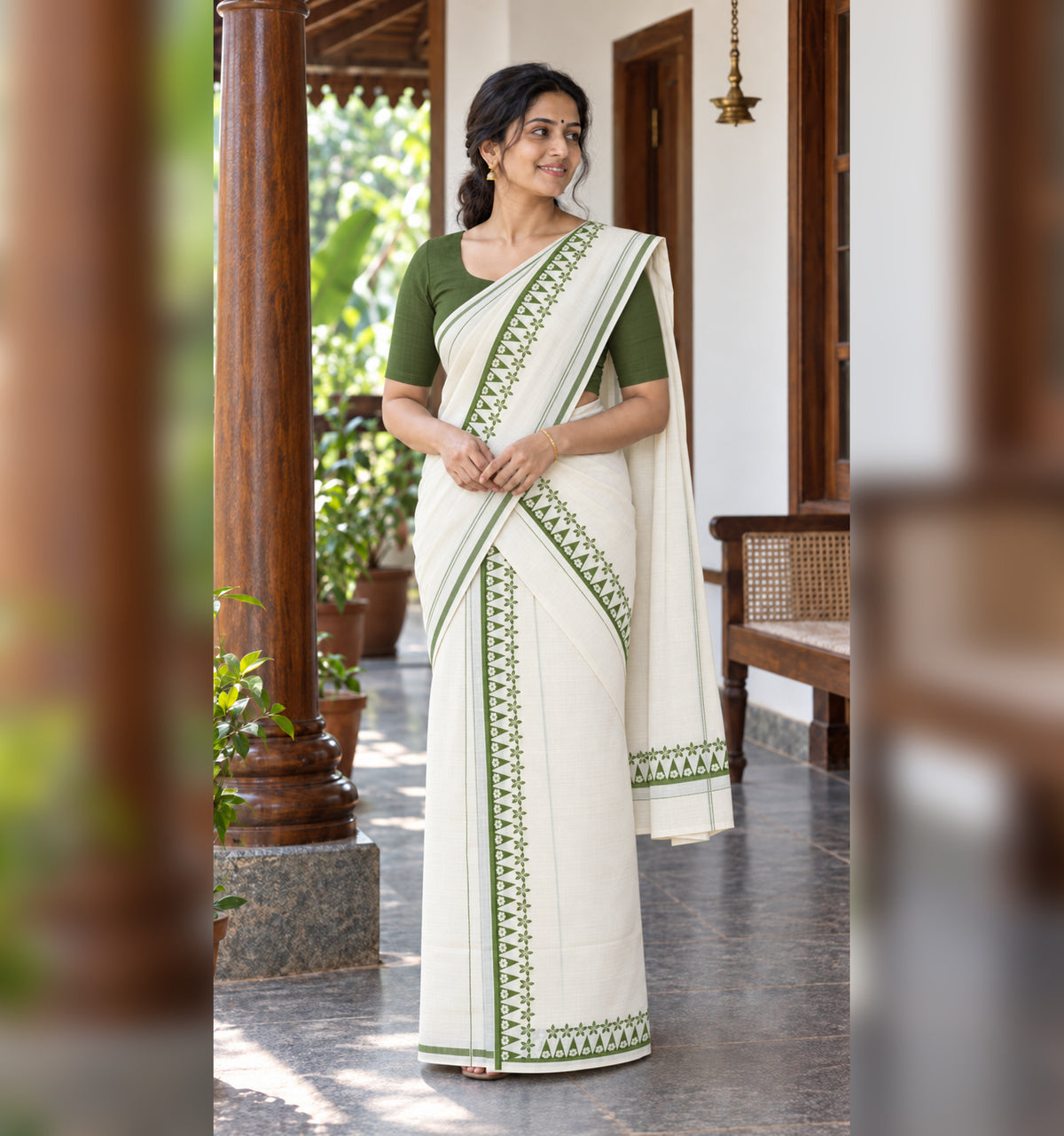 Green Floral Border Kerala Set Mundu