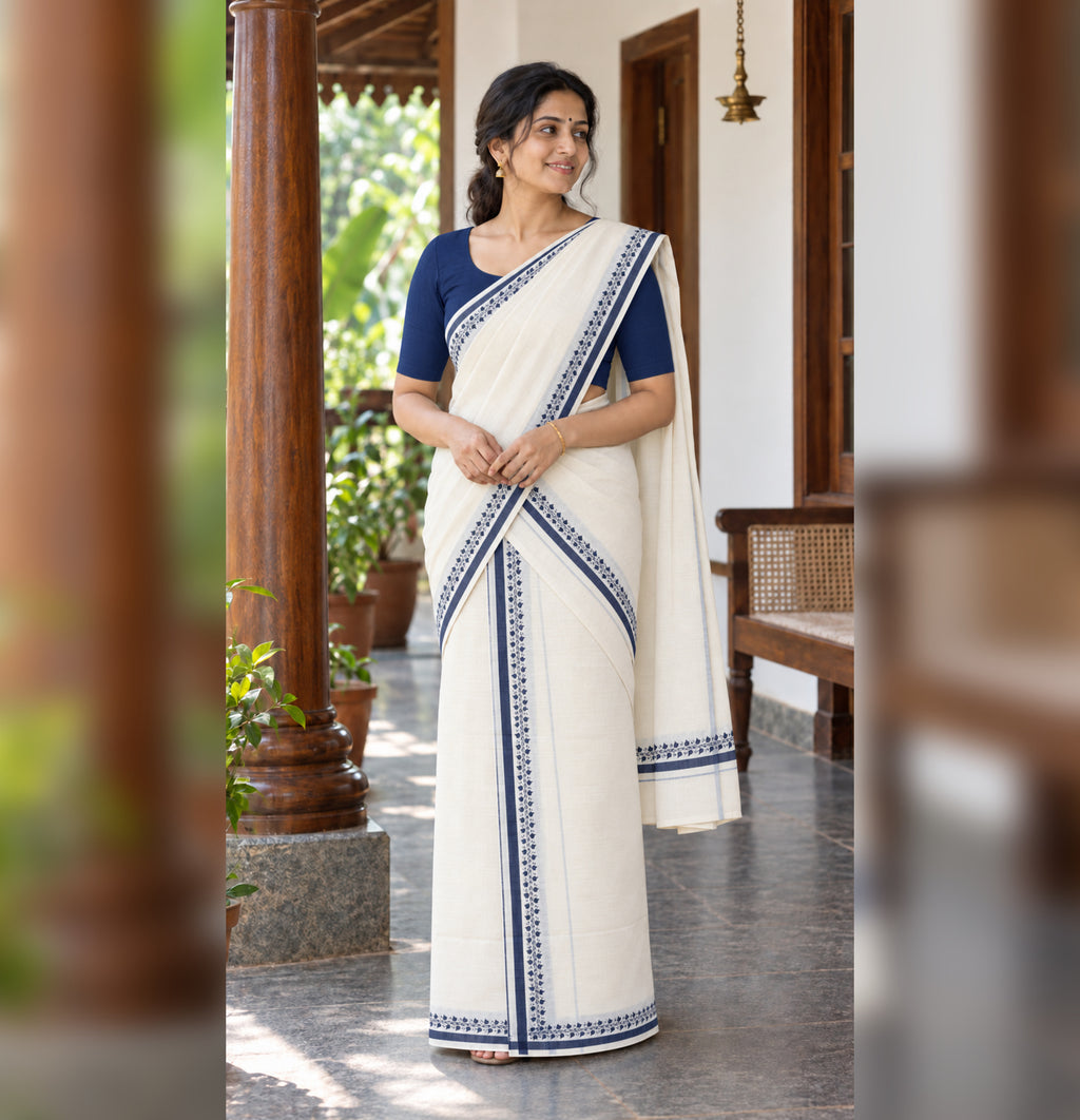 Navy Blue Floral Border Kerala Set Mundu