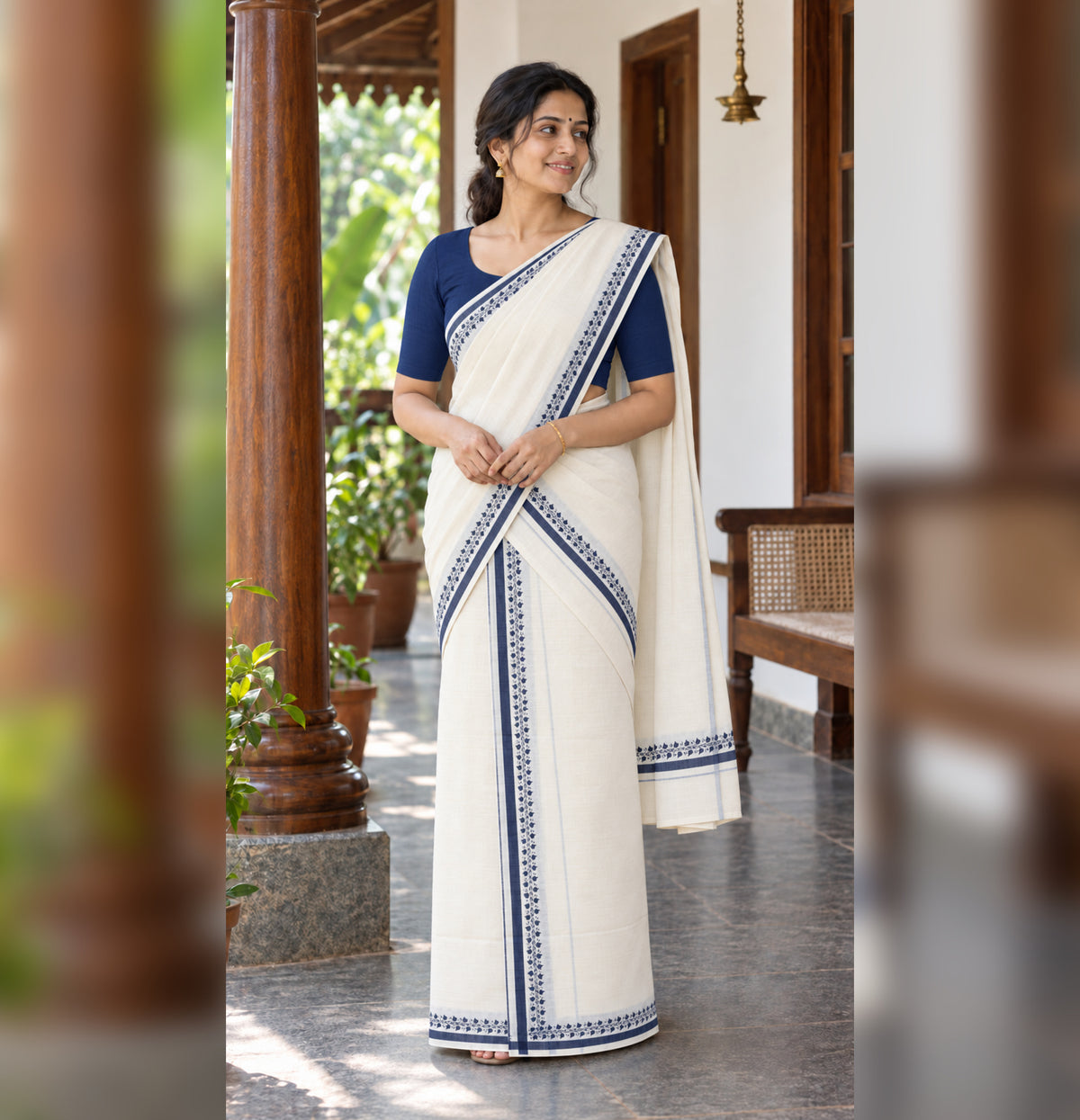 Navy Blue Floral Border Kerala Set Mundu
