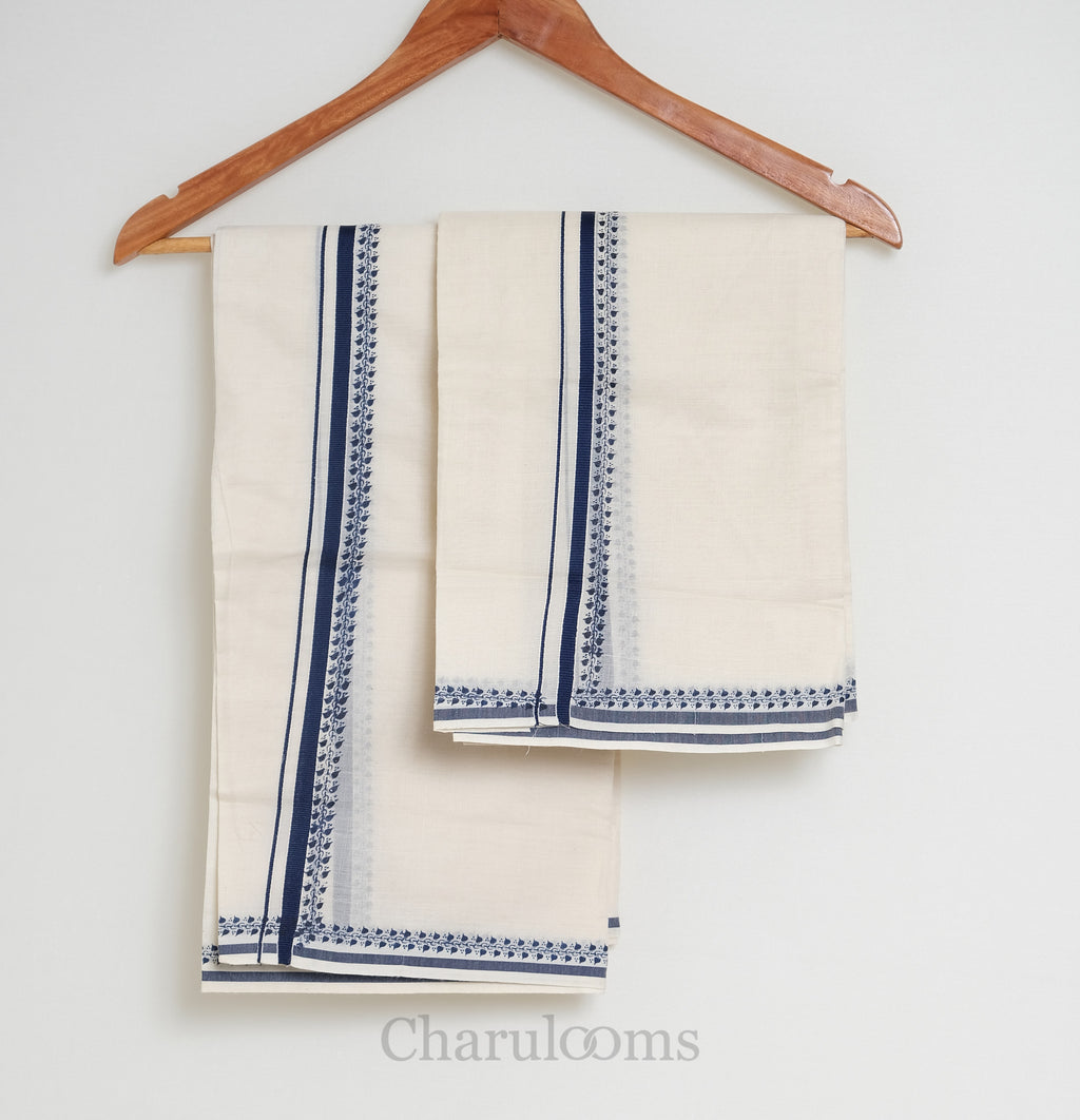 Navy Blue Floral Border Kerala Set Mundu