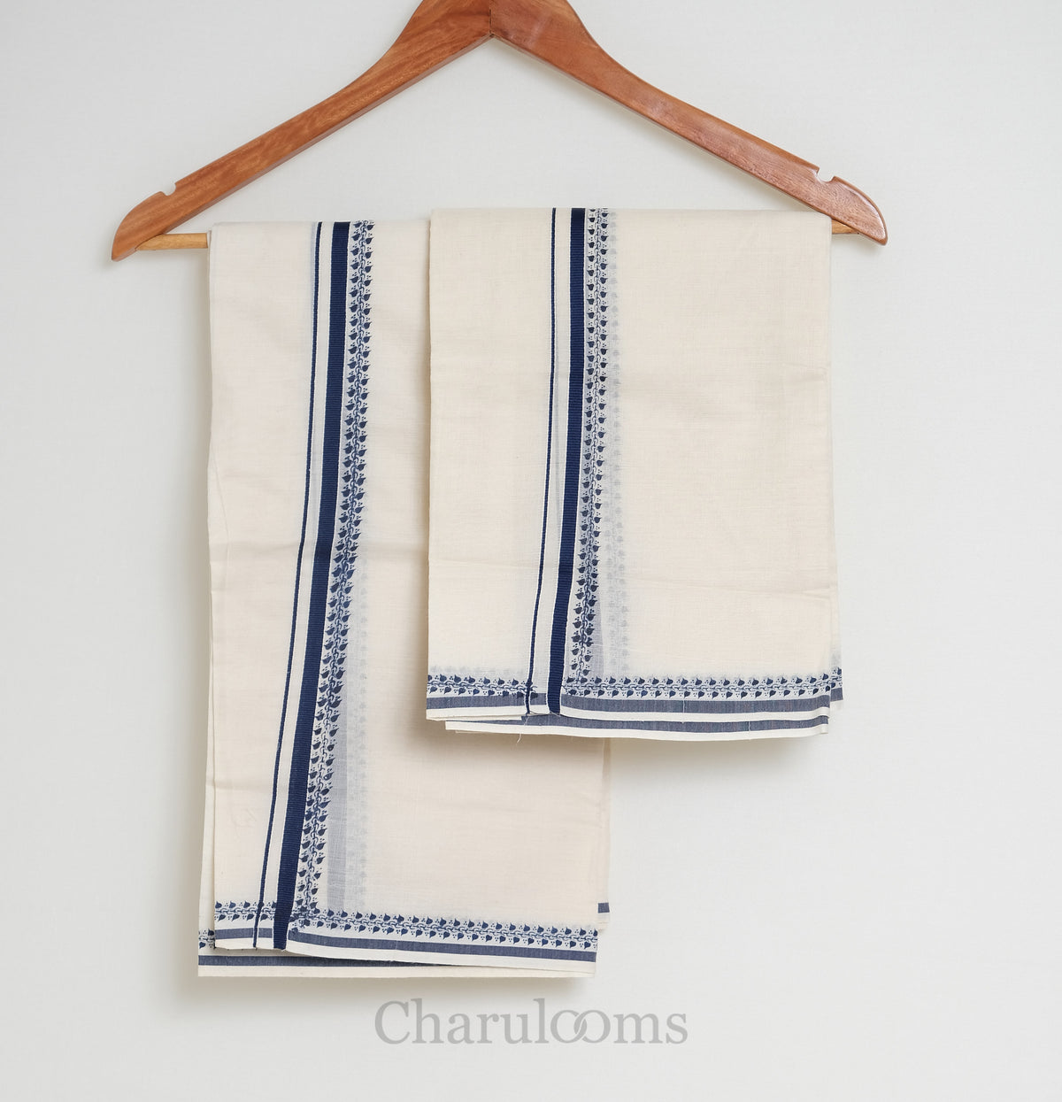 Navy Blue Floral Border Kerala Set Mundu