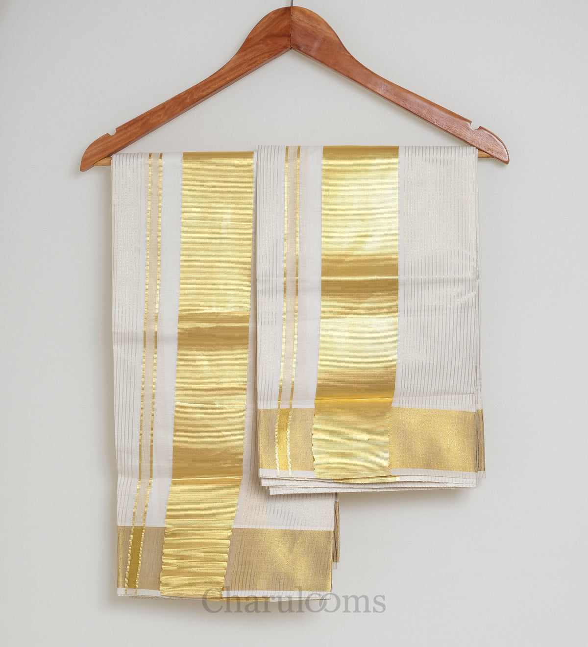 Wide Gold Border & Fine Gold Striped Premium Kasavu Cotton Set Mundu